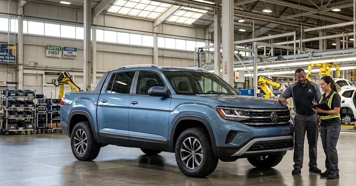 A midsize Volkswagen pickup truck concept with rugged styling parked on a clean concrete garage floor in soft daylight.