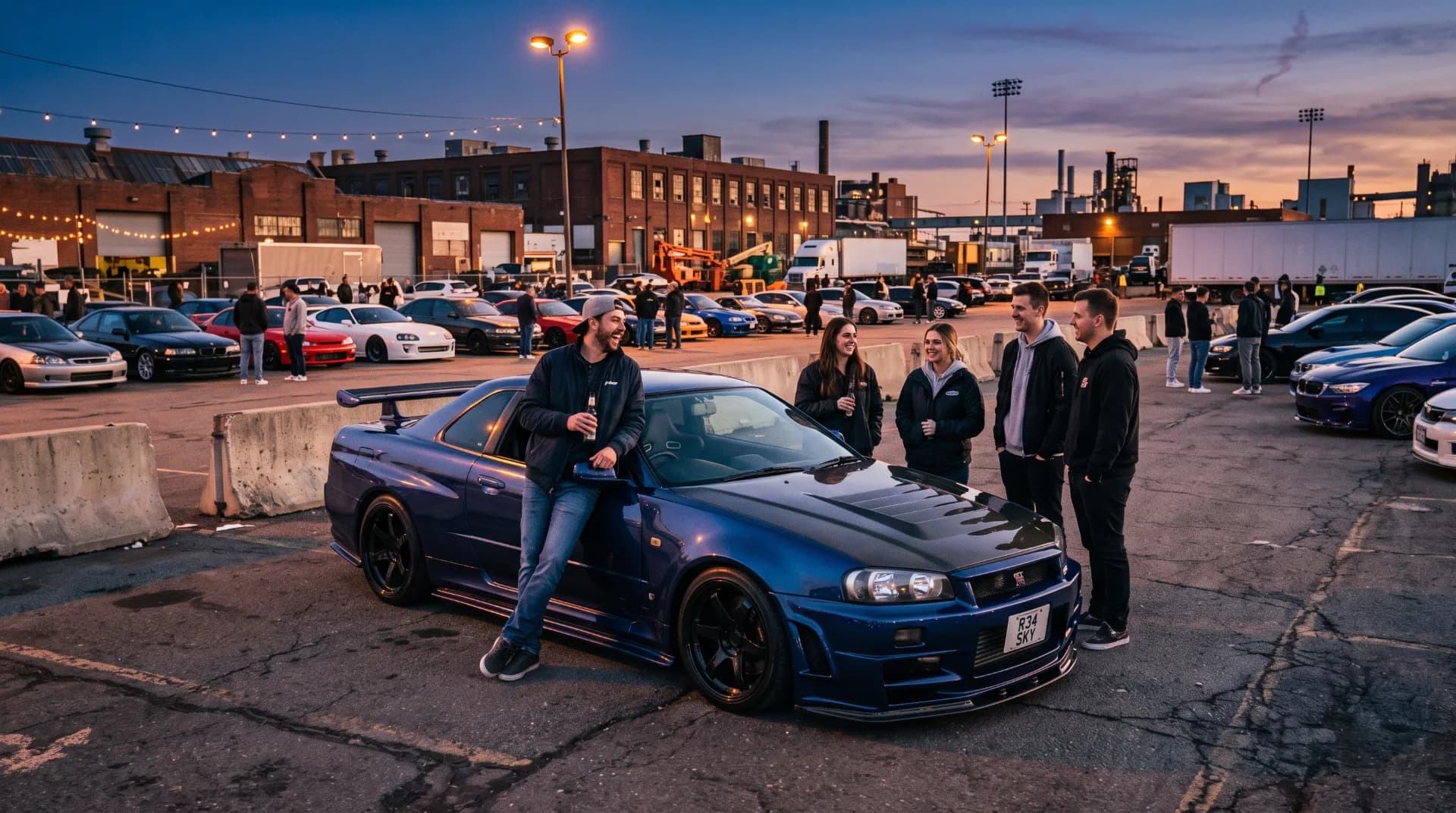 A clean modified sports car parked in an industrial lot at twilight with real car enthusiasts talking nearby in a respectful setting.