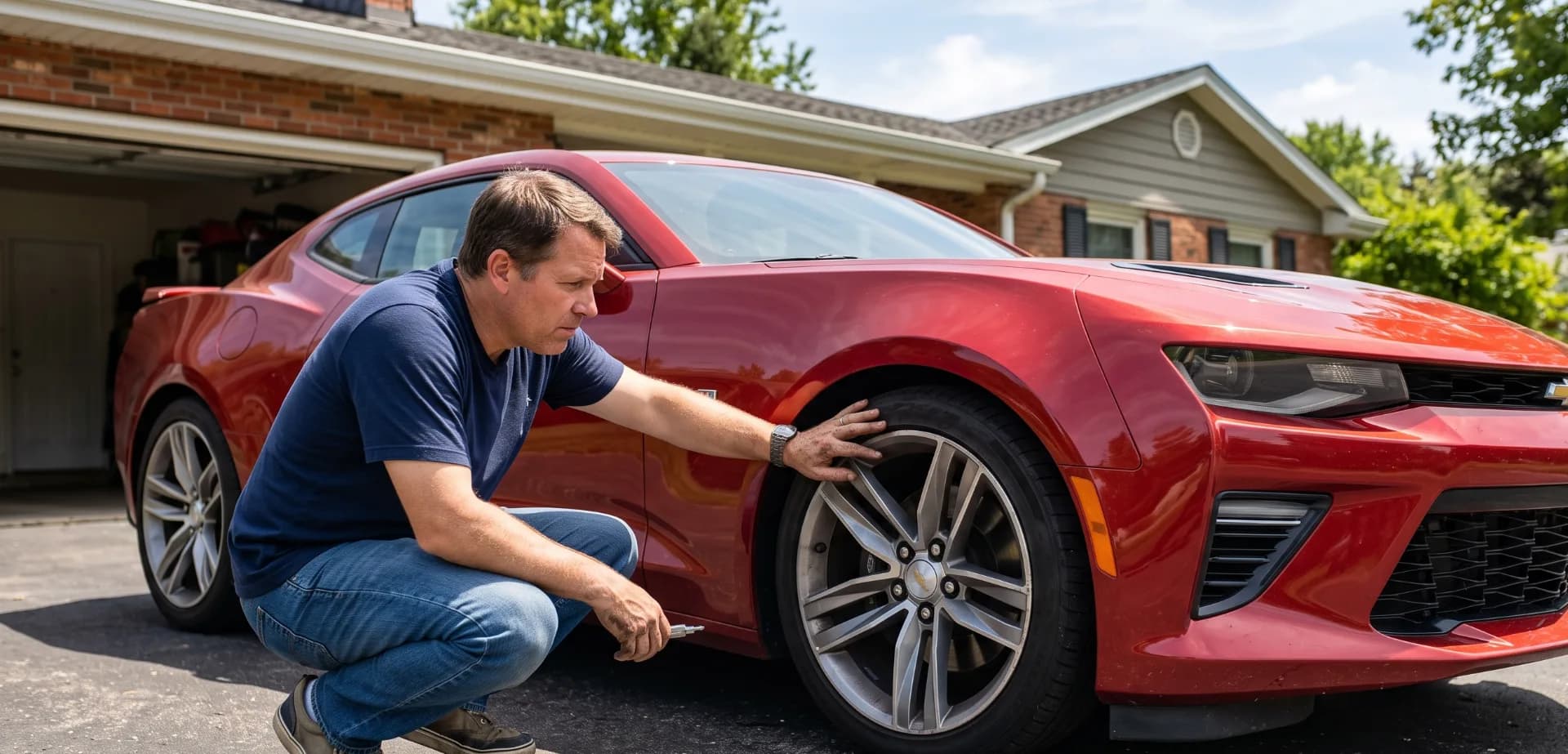 Person carefully inspecting the engine bay and front bodywork of a used sports car in a driveway on a bright sunny day.