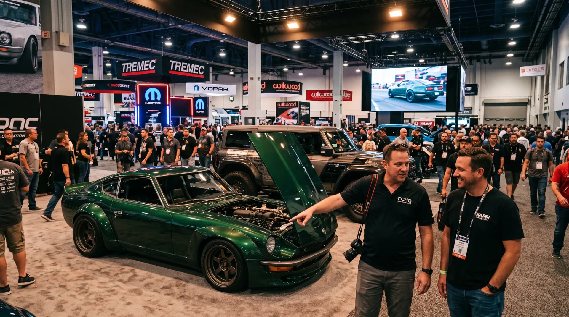 Custom built modified cars parked inside the Las Vegas Convention Center exhibit hall during the SEMA Show.