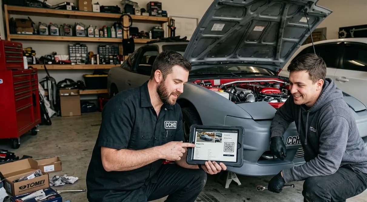 Two automotive enthusiasts viewing a project car build sheet on a tablet inside a garage next to a modified tuner car