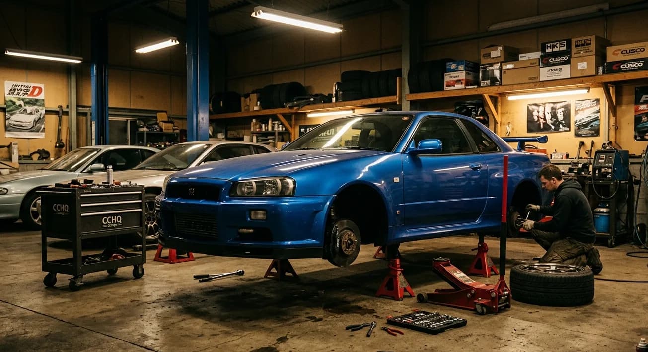 Modified early 2000s JDM sports car inside a workshop garage at night with tools and shop lighting