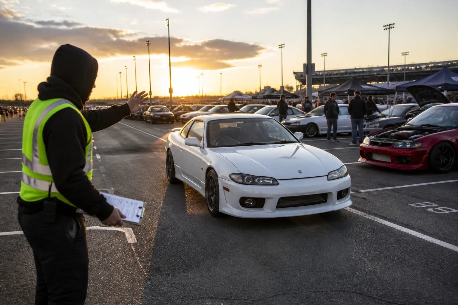 An automotive event organizer wearing a safety vest holding a clipboard, directing modified tuner cars and classics into an outdoor stadium lot at sunrise.