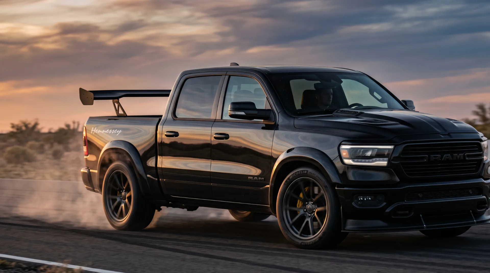 Hennessey Maximus Ram Rumble Bee performance truck on a closed road