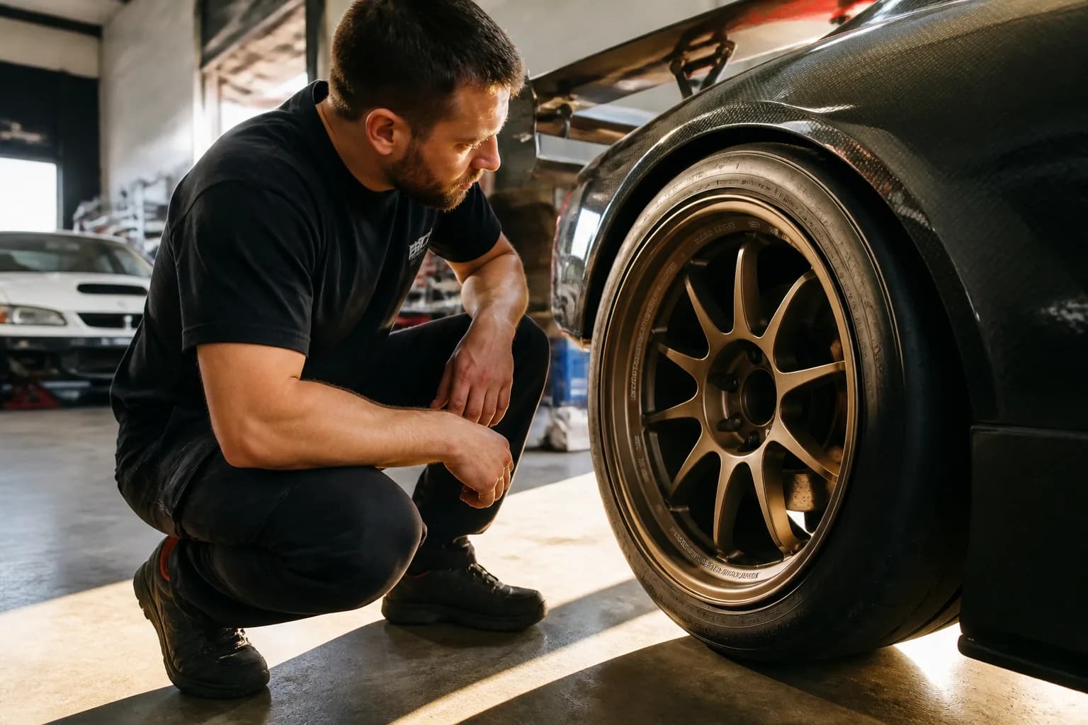 A close-up view of an automotive enthusiast examining the machined spoke and engraved markings of a bronze forged racing wheel inside a workshop.