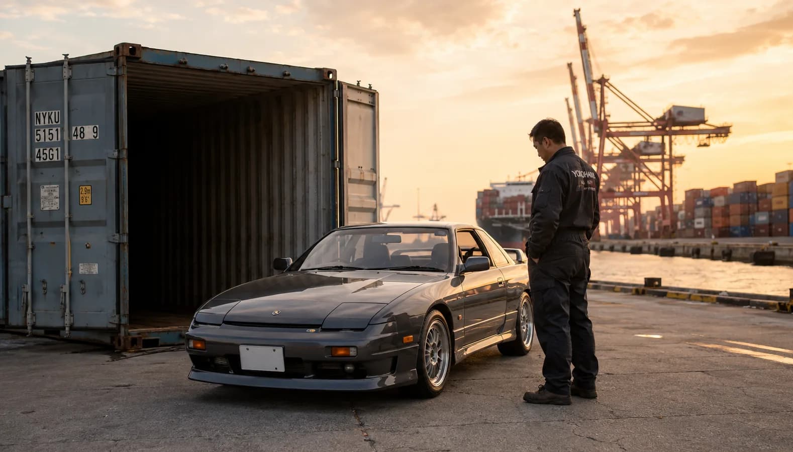 A right-hand drive import car parked on a shipping dock next to an open cargo container at a port terminal.