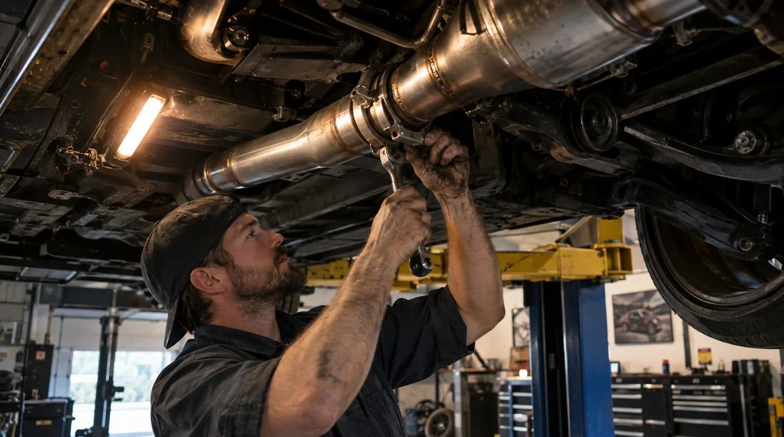 A mechanic in a clean workshop using a ratchet wrench to install a stainless steel performance downpipe underneath a modified sports car on a lift.